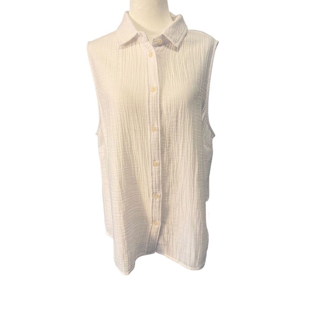 J.Crew Womens White Double‎ Gauze Sleeveless Button Down Shirt XL CA076 NEW